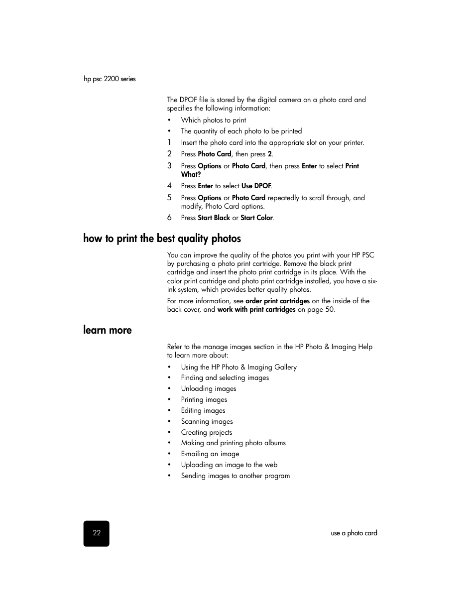 How to print the best quality photos, Learn more, How to print the best quality photos learn more | HP PSC 2210xi All-in-One Printer User Manual | Page 28 / 96