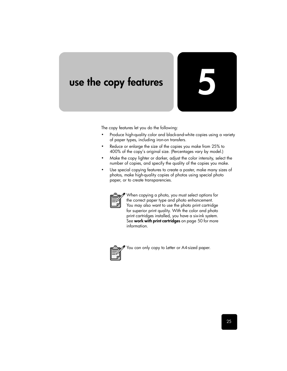 Use the copy features, 5 use the copy features | HP PSC 2210xi All-in-One Printer User Manual | Page 31 / 96