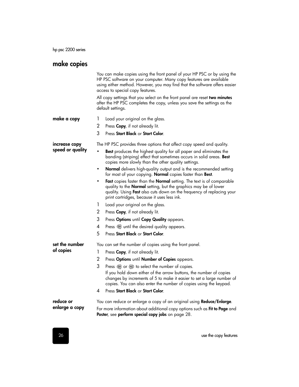 Make copies, Make a copy, Increase copy speed or quality | Set the number of copies, Reduce or enlarge a copy | HP PSC 2210xi All-in-One Printer User Manual | Page 32 / 96