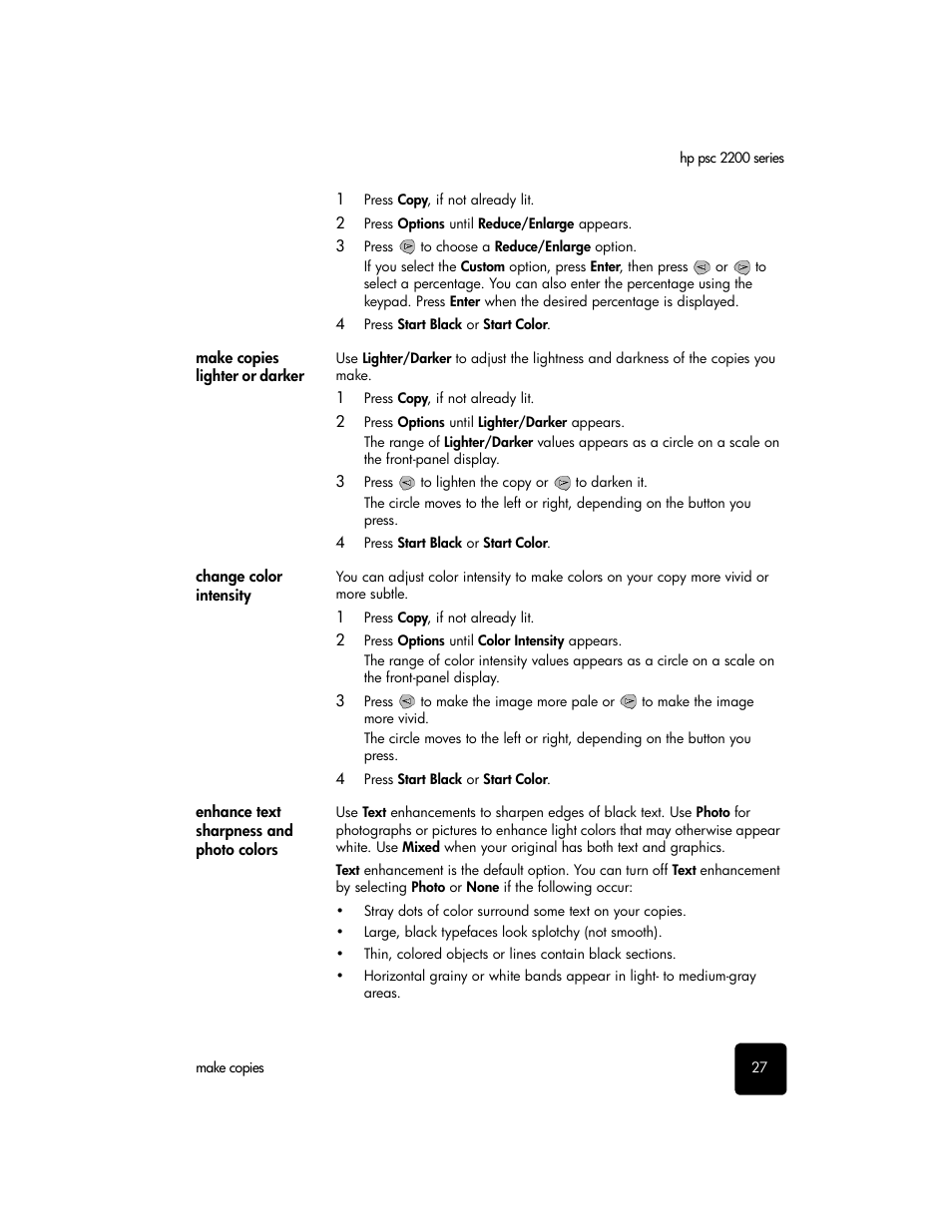 Make copies lighter or darker, Change color intensity, Enhance text sharpness and photo colors | HP PSC 2210xi All-in-One Printer User Manual | Page 33 / 96