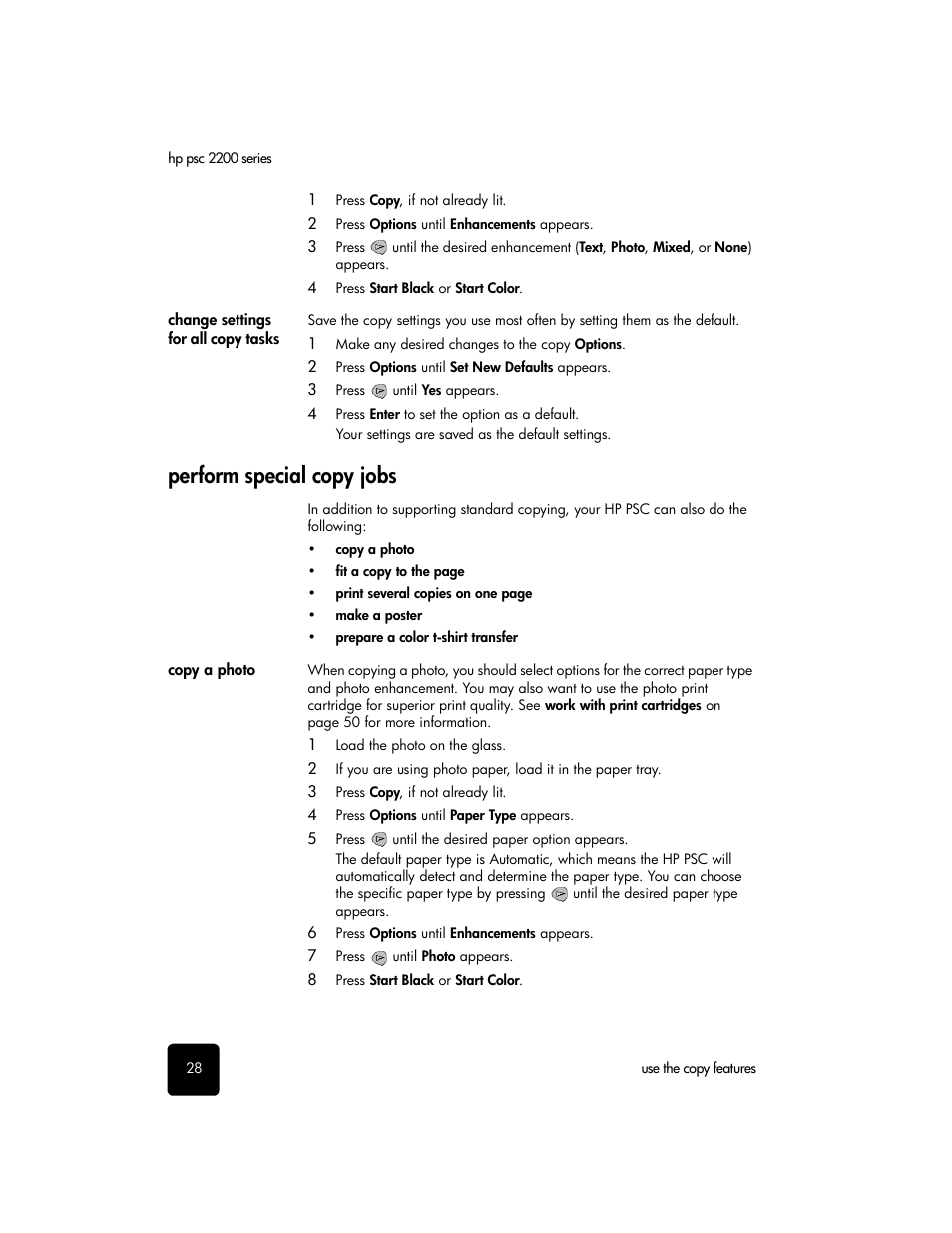 Change settings for all copy tasks, Perform special copy jobs, Copy a photo | HP PSC 2210xi All-in-One Printer User Manual | Page 34 / 96