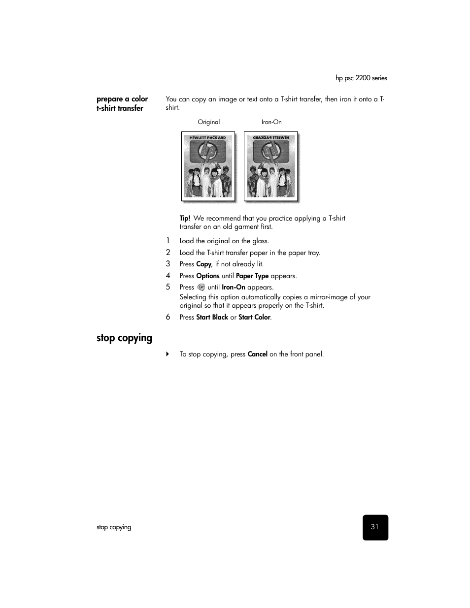 Prepare a color t-shirt transfer, Stop copying | HP PSC 2210xi All-in-One Printer User Manual | Page 37 / 96