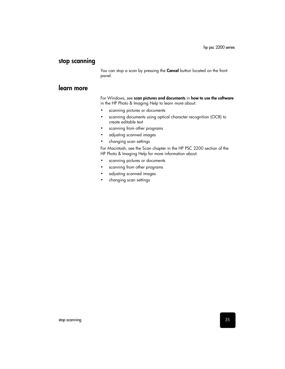 Stop scanning, Learn more, Stop scanning learn more | HP PSC 2210xi All-in-One Printer User Manual | Page 41 / 96