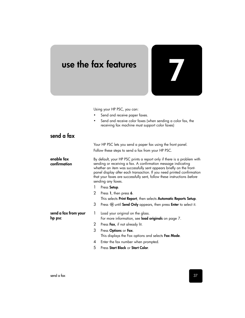 Use the fax features, Send a fax, Enable fax confirmation | Send a fax from your hppsc, 7 use the fax features | HP PSC 2210xi All-in-One Printer User Manual | Page 43 / 96