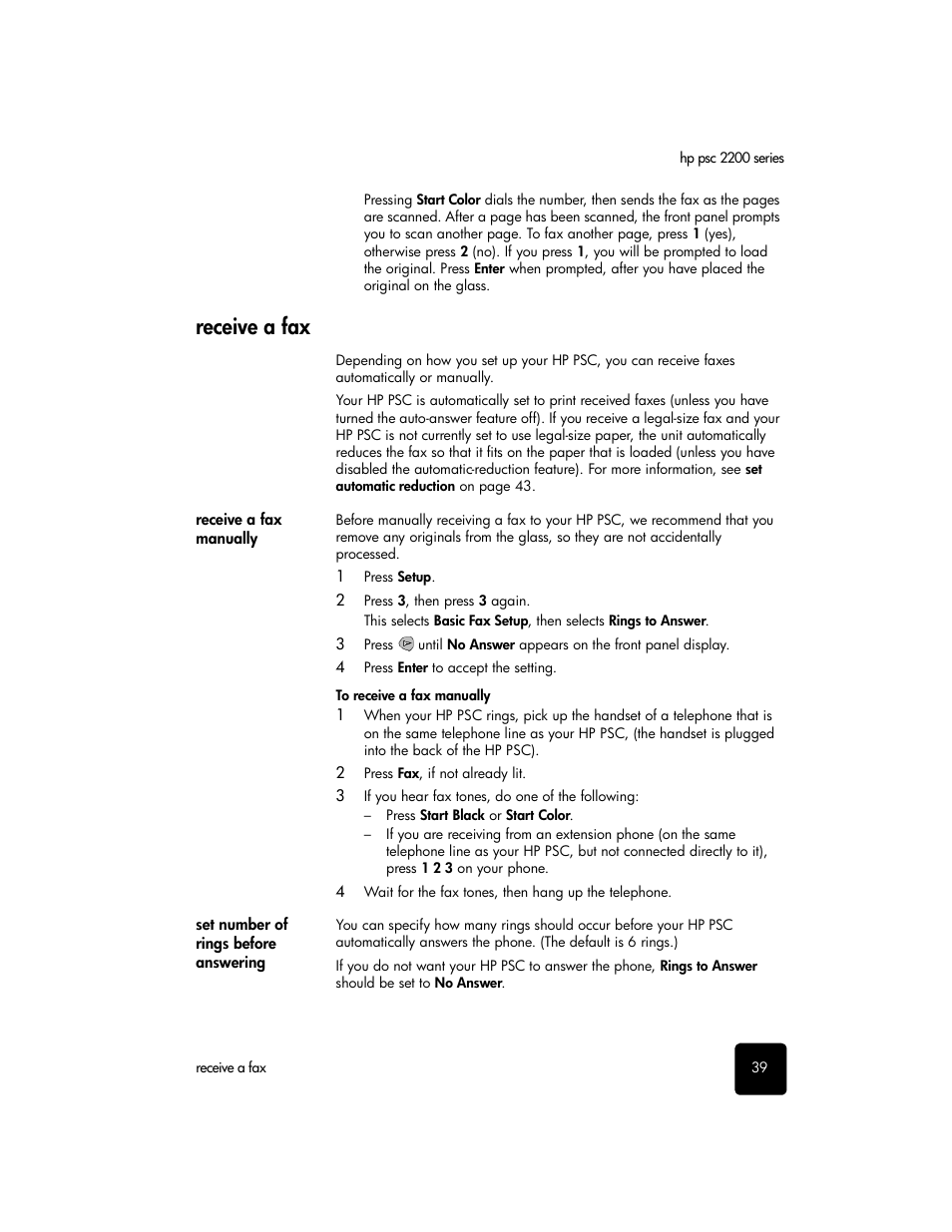 Receive a fax, Receive a fax manually, Set number of rings before answering | HP PSC 2210xi All-in-One Printer User Manual | Page 45 / 96