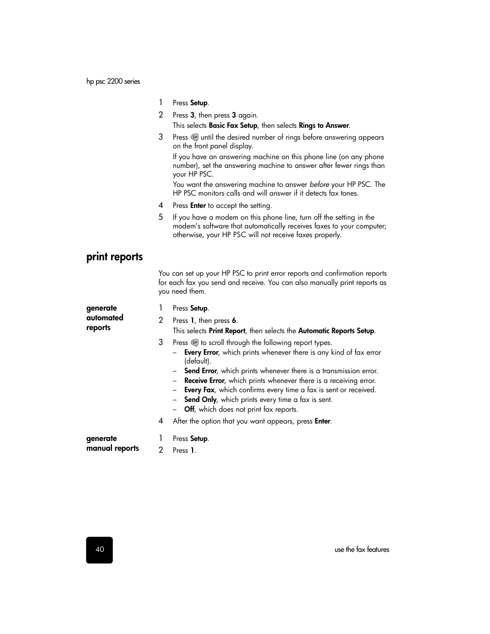 Print reports, Generate automated reports, Generate manual reports | HP PSC 2210xi All-in-One Printer User Manual | Page 46 / 96