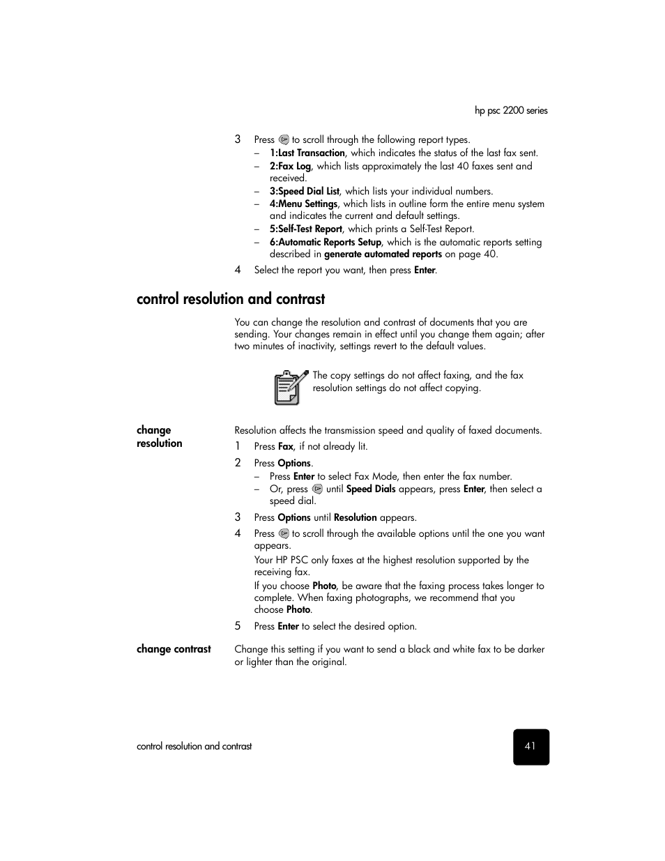 Control resolution and contrast, Change resolution, Change contrast | HP PSC 2210xi All-in-One Printer User Manual | Page 47 / 96