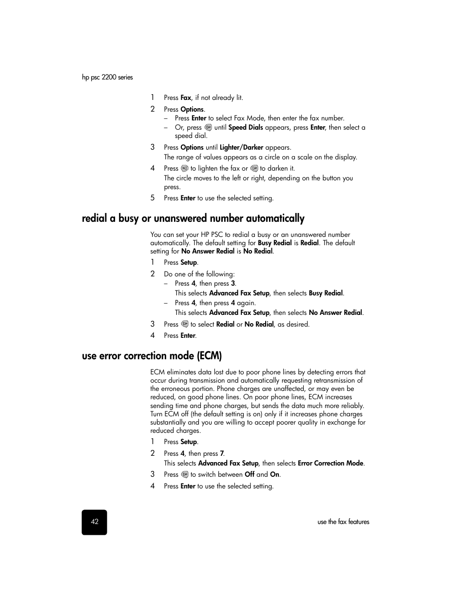 Redial a busy or unanswered number automatically, Use error correction mode (ecm) | HP PSC 2210xi All-in-One Printer User Manual | Page 48 / 96