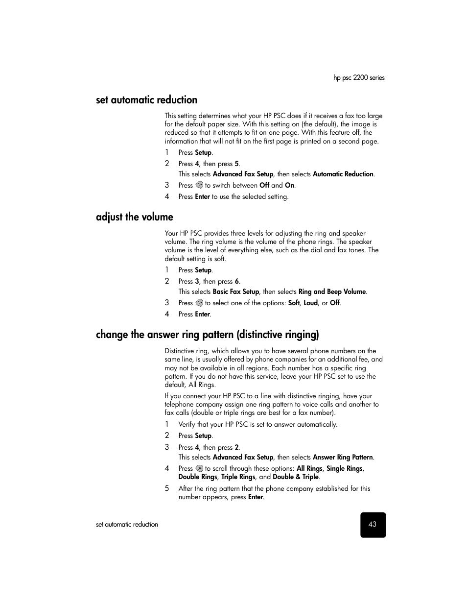 Set automatic reduction, Adjust the volume | HP PSC 2210xi All-in-One Printer User Manual | Page 49 / 96