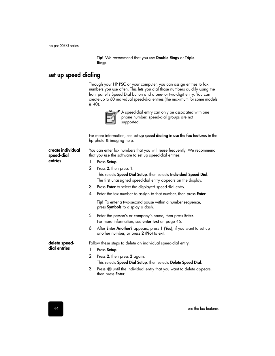 Set up speed dialing, Create individual speed-dial entries, Delete speed- dial entries | HP PSC 2210xi All-in-One Printer User Manual | Page 50 / 96