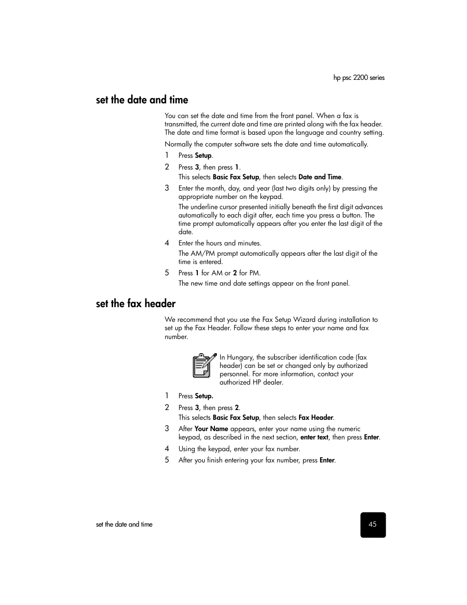 Set the date and time, Set the fax header, Set the date and time set the fax header | HP PSC 2210xi All-in-One Printer User Manual | Page 51 / 96