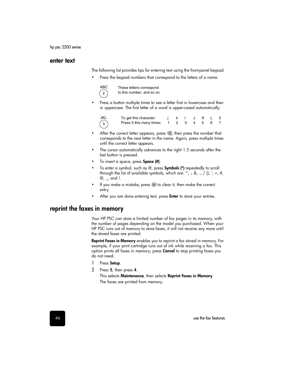 Enter text, Reprint the faxes in memory, Enter text reprint the faxes in memory | HP PSC 2210xi All-in-One Printer User Manual | Page 52 / 96