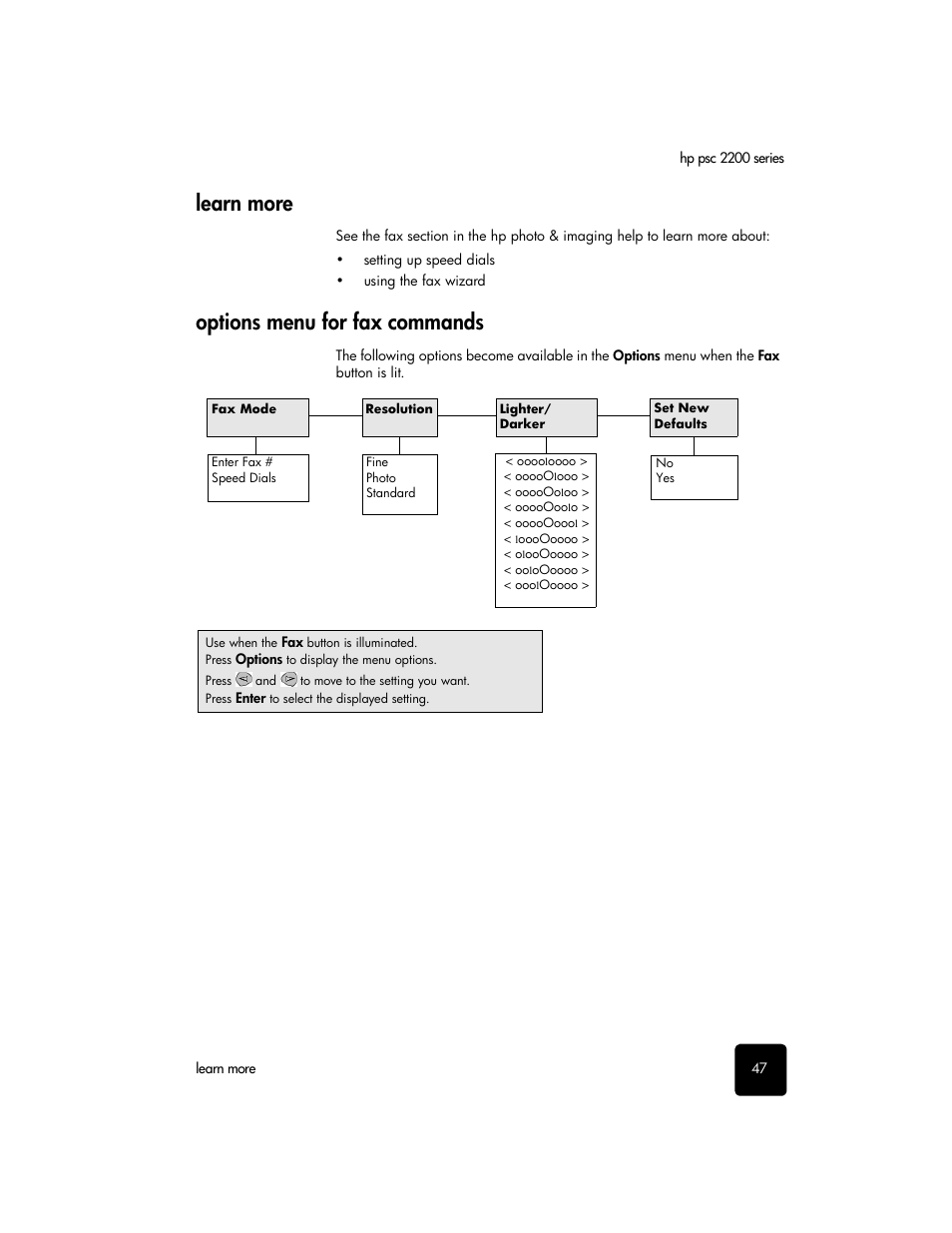 Learn more, Options menu for fax commands, Learn more options menu for fax commands | HP PSC 2210xi All-in-One Printer User Manual | Page 53 / 96