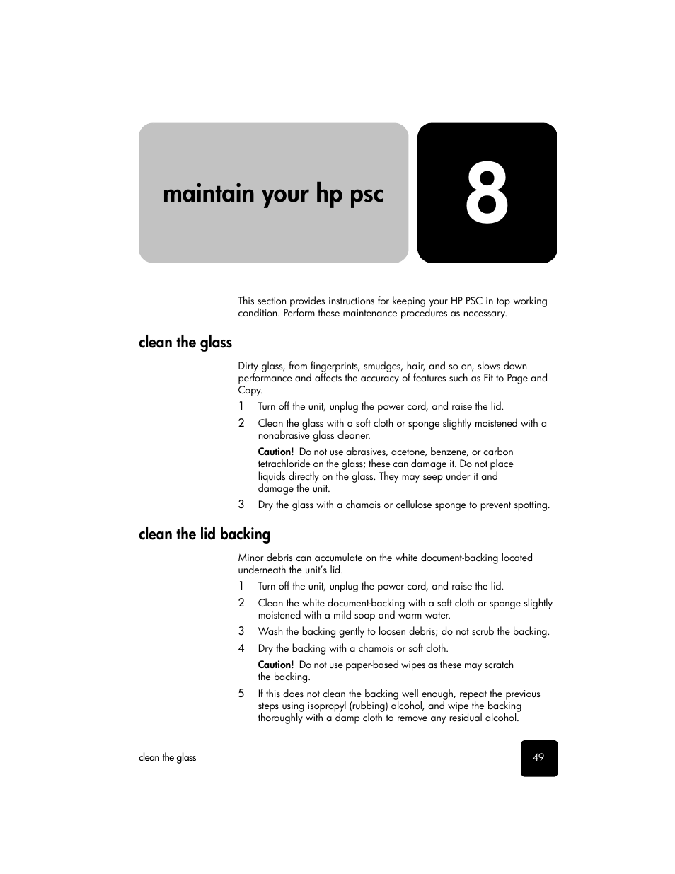 Maintain your hppsc, Clean the glass, Clean the lid backing | 8 maintain your hp psc, Clean the glass clean the lid backing, Maintain your hp psc | HP PSC 2210xi All-in-One Printer User Manual | Page 55 / 96