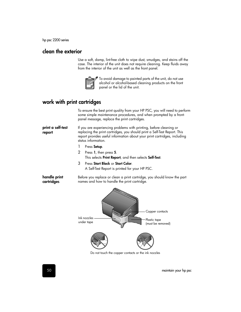 Clean the exterior, Work with print cartridges, Print a self-test report | Handle print cartridges, Clean the exterior work with print cartridges | HP PSC 2210xi All-in-One Printer User Manual | Page 56 / 96