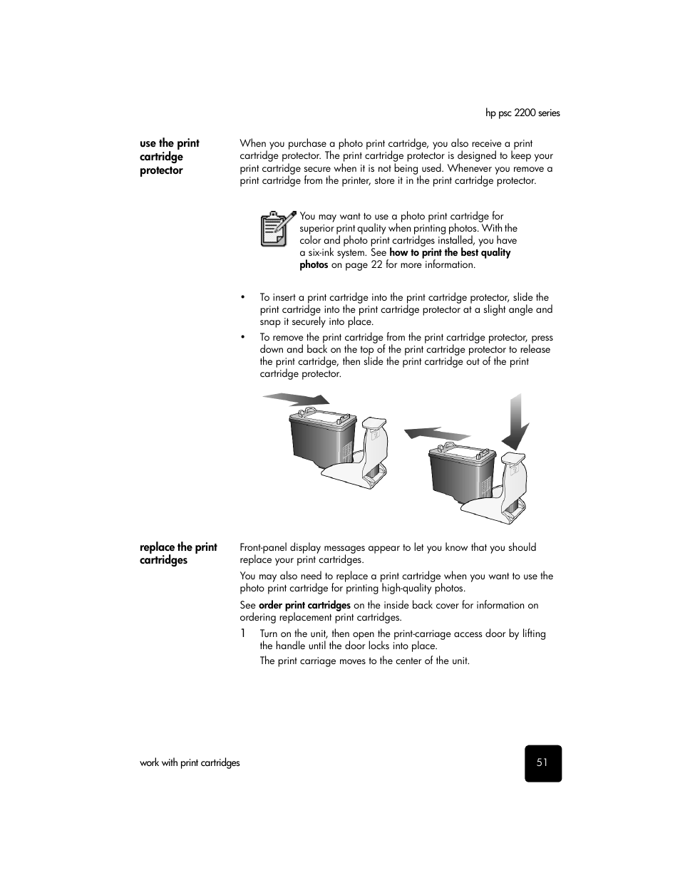 Use the print cartridge protector, Replace the print cartridges | HP PSC 2210xi All-in-One Printer User Manual | Page 57 / 96