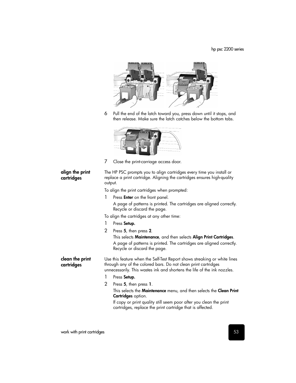 Align the print cartridges, Clean the print cartridges | HP PSC 2210xi All-in-One Printer User Manual | Page 59 / 96