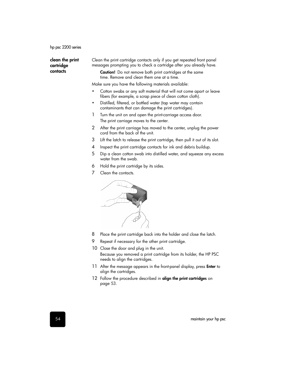 Clean the print cartridge contacts | HP PSC 2210xi All-in-One Printer User Manual | Page 60 / 96