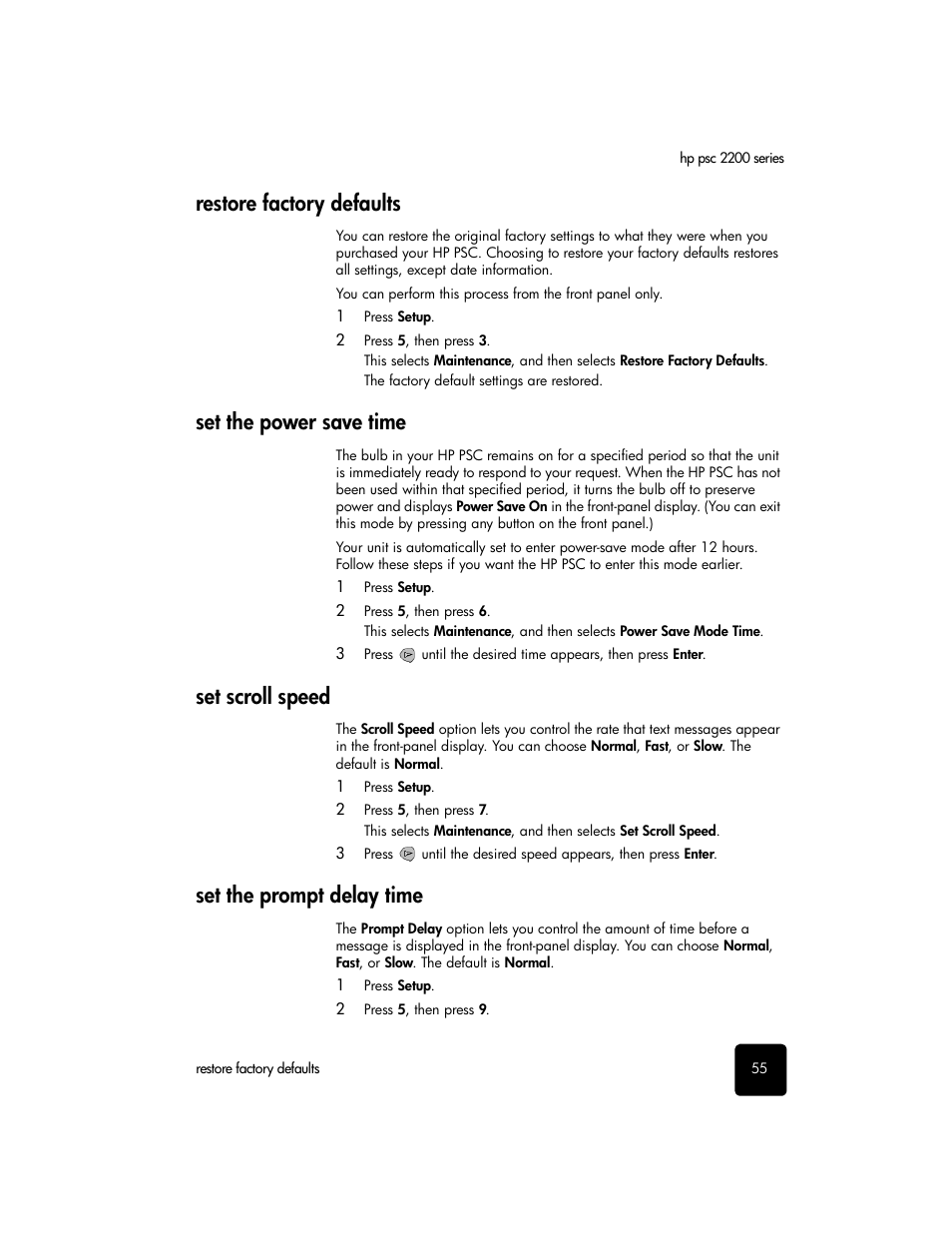 Restore factory defaults, Set the power save time, Set scroll speed | Set the prompt delay time | HP PSC 2210xi All-in-One Printer User Manual | Page 61 / 96