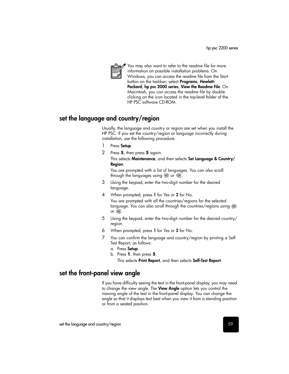 Set the language and country/region, Set the front-panel view angle | HP PSC 2210xi All-in-One Printer User Manual | Page 65 / 96