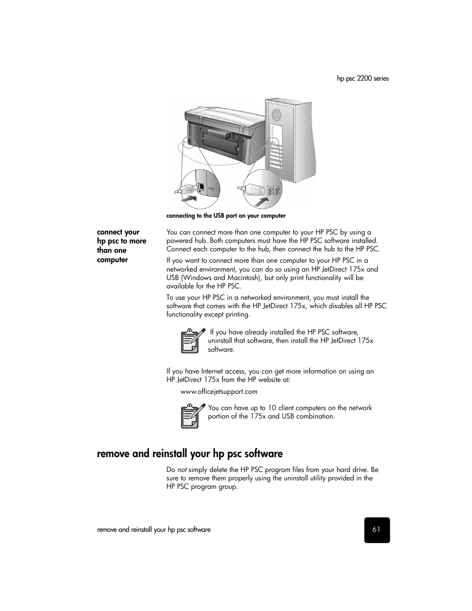 Connect your hppsc to more than one computer, Remove and reinstall your hppsc software, Remove and reinstall your hp psc software | HP PSC 2210xi All-in-One Printer User Manual | Page 67 / 96