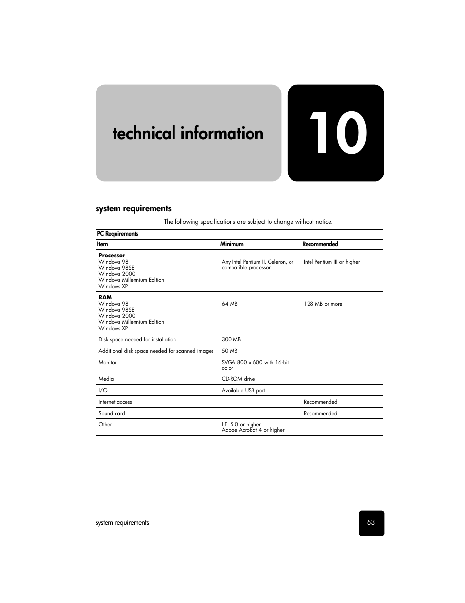 Technical information, System requirements, 10 technical information | HP PSC 2210xi All-in-One Printer User Manual | Page 69 / 96