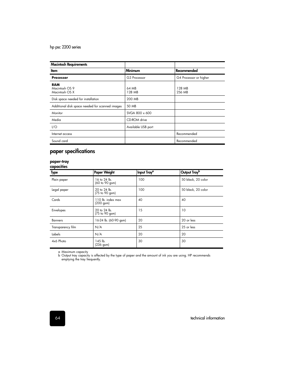 Paper specifications, Paper-tray capacities | HP PSC 2210xi All-in-One Printer User Manual | Page 70 / 96