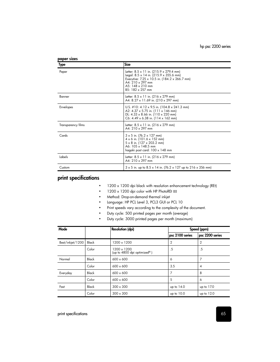 Print specifications | HP PSC 2210xi All-in-One Printer User Manual | Page 71 / 96