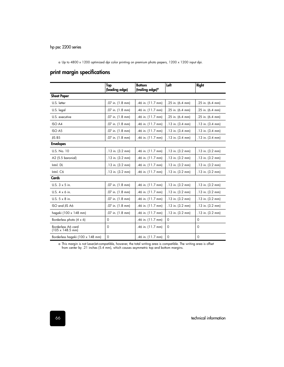 Print margin specifications | HP PSC 2210xi All-in-One Printer User Manual | Page 72 / 96