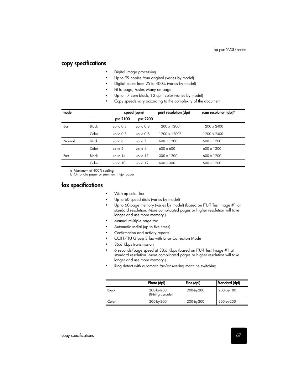 Copy specifications, Fax specifications, Copy specifications fax specifications | HP PSC 2210xi All-in-One Printer User Manual | Page 73 / 96