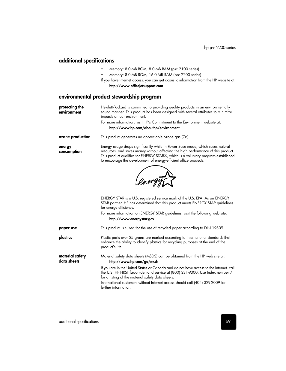 Additional specifications, Environmental product stewardship program | HP PSC 2210xi All-in-One Printer User Manual | Page 75 / 96