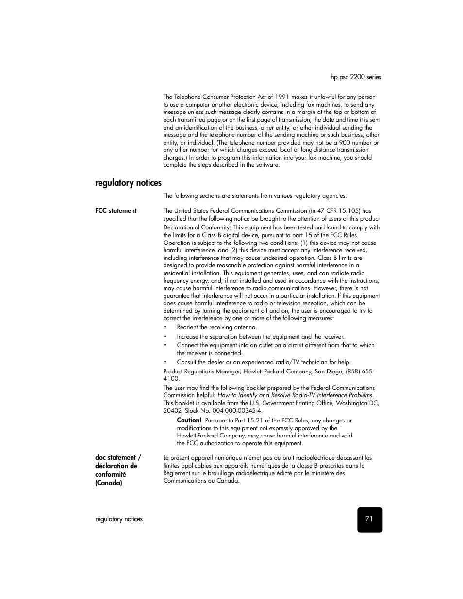 Regulatory notices | HP PSC 2210xi All-in-One Printer User Manual | Page 77 / 96