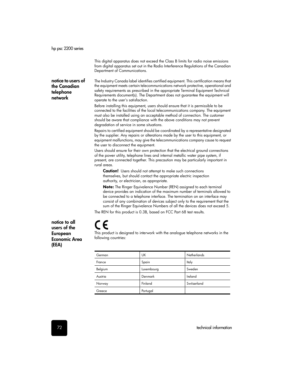 Notice to users of the canadian telephone network | HP PSC 2210xi All-in-One Printer User Manual | Page 78 / 96