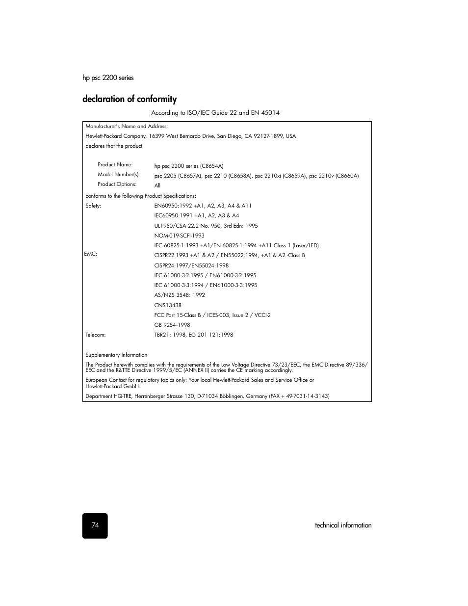 Declaration of conformity | HP PSC 2210xi All-in-One Printer User Manual | Page 80 / 96