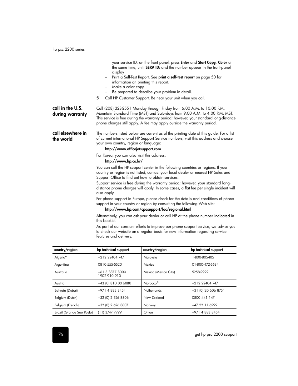 Call in the u.s. during warranty, Call elsewhere in the world | HP PSC 2210xi All-in-One Printer User Manual | Page 82 / 96