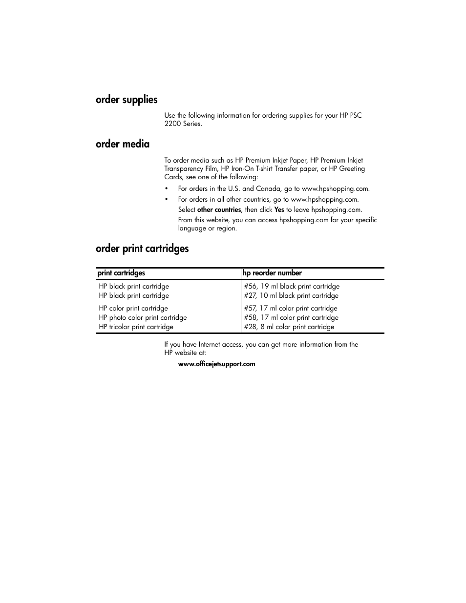 Order supplies, Order media, Order print cartridges | HP PSC 2210xi All-in-One Printer User Manual | Page 95 / 96