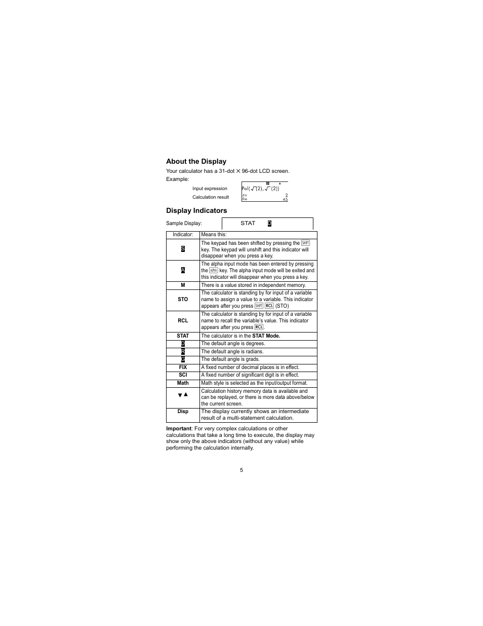 About the display display indicators, About the display, Display indicators | HP 300s Scientific Calculator User Manual | Page 11 / 95