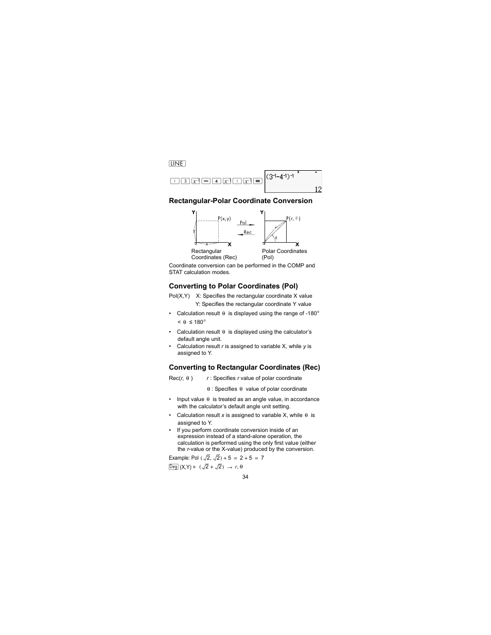 Rectangular-polar coordinate conversion, Converting to polar coordinates (pol), Converting to rectangular coordinates (rec) | HP 300s Scientific Calculator User Manual | Page 40 / 95