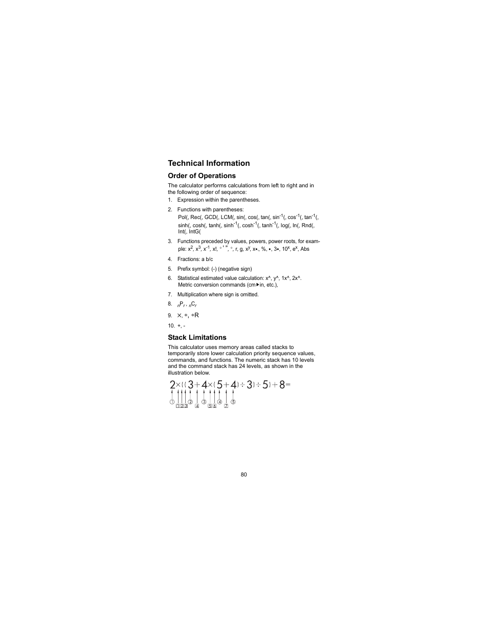 Technical information, Order of operations stack limitations, Order of operations | Stack limitations | HP 300s Scientific Calculator User Manual | Page 86 / 95