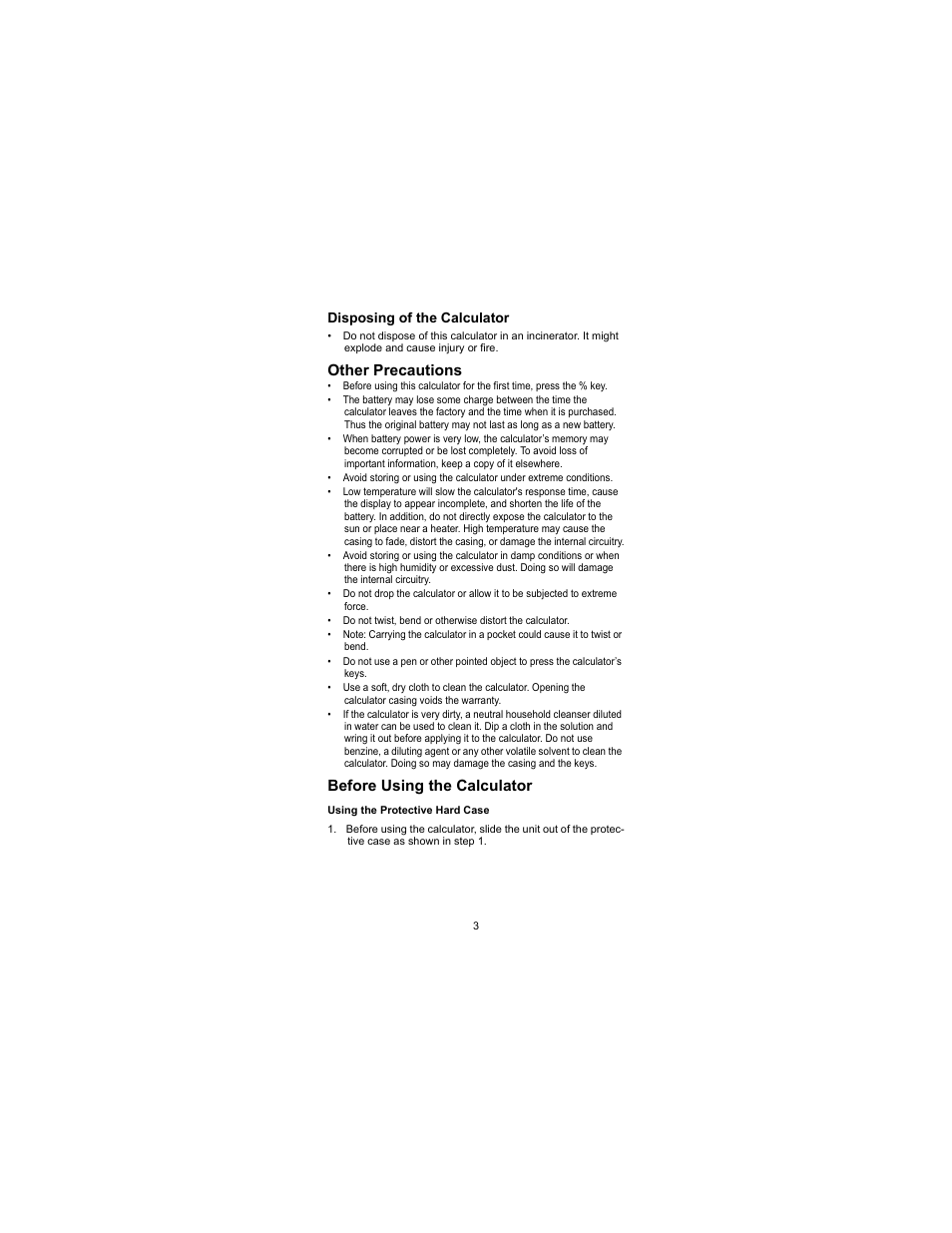 Disposing of the calculator, Other precautions before using the calculator, Other precautions | Before using the calculator | HP 300s Scientific Calculator User Manual | Page 9 / 95