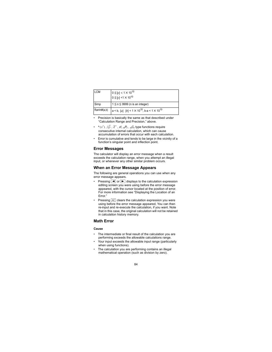 Error messages, When an error message appears, Math error | HP 300s Scientific Calculator User Manual | Page 90 / 95
