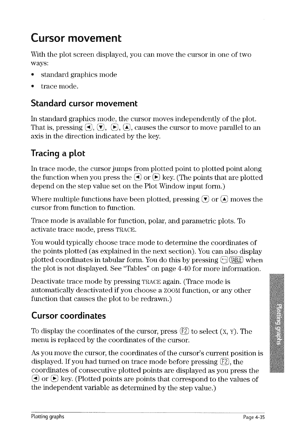 Cursor movement, Standard cursor movement, Tracing a plot | Cursor coordinates, Cursor movement -34, Standard cursor movement -34 tracing a plot -35, Cursor coordinates -35, Trace | HP 49g Graphing Calculator User Manual | Page 103 / 242
