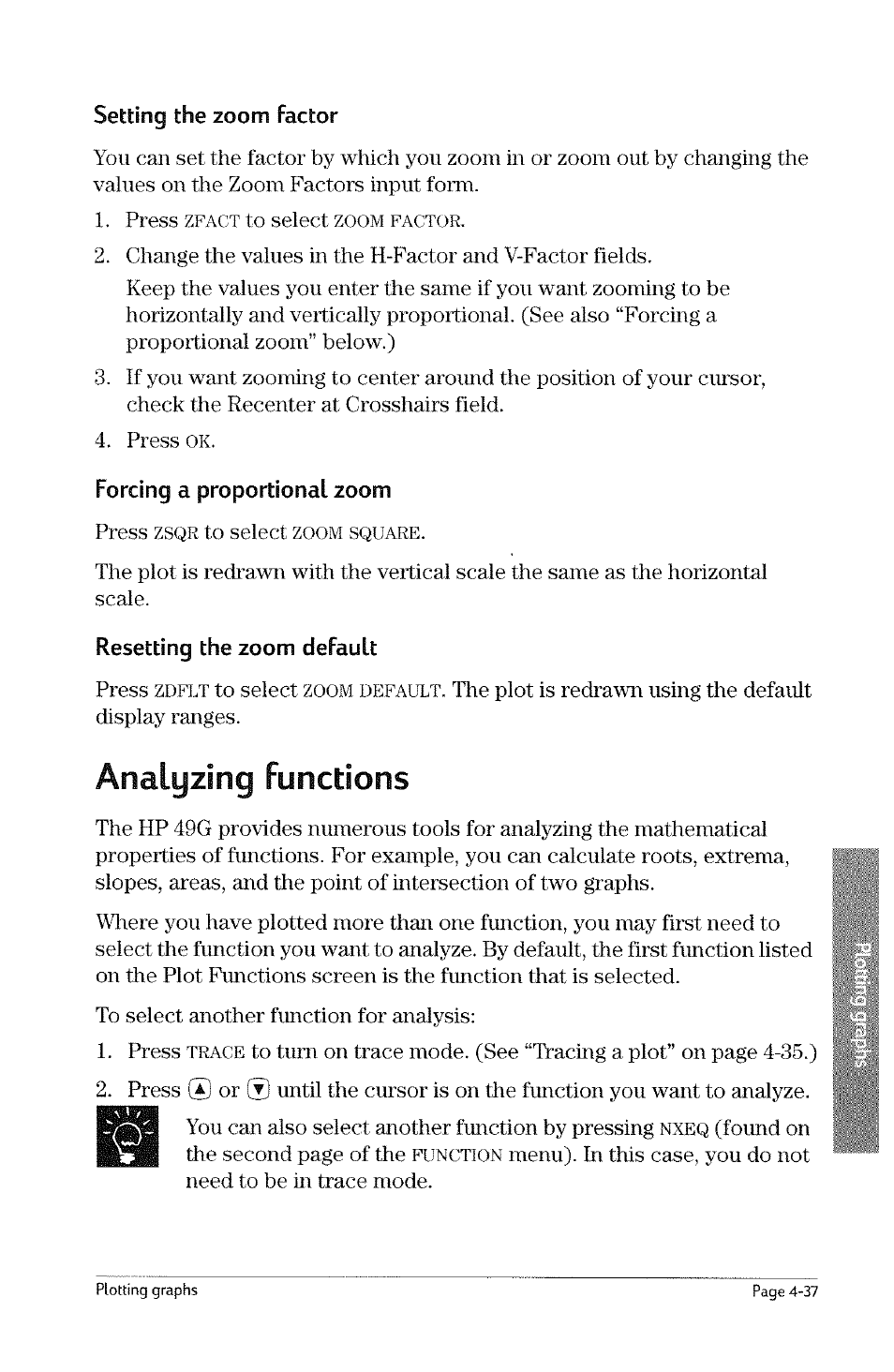 Forcing a proportional zoom, Analyzing functions, Analyzing functions -37 | Zfact, Zsqr, Zdflt, Zoom default, Trace | HP 49g Graphing Calculator User Manual | Page 105 / 242