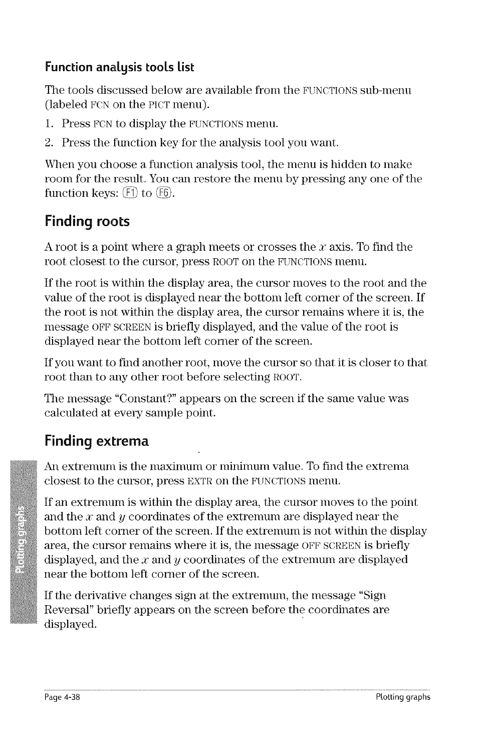 Finding extrema, Finding extrema -38, Pict | Functions, Finding roots, Root, Off screen | HP 49g Graphing Calculator User Manual | Page 106 / 242