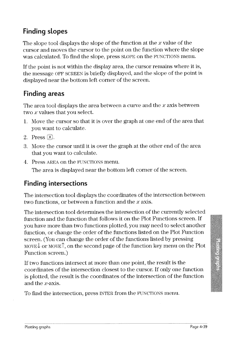 Finding slopes, Finding areas, Finding slopes -38 finding areas -39 | Slope, Functions, Off screen, Area, Mottsi, Inter | HP 49g Graphing Calculator User Manual | Page 107 / 242