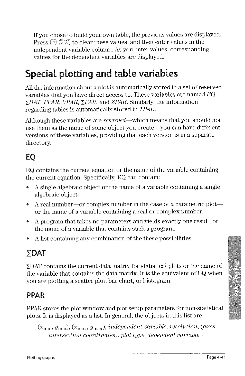 Special plotting and table variables, Special plotting and table variables -41, 0 (cd0 | Idat, Ppar | HP 49g Graphing Calculator User Manual | Page 109 / 242
