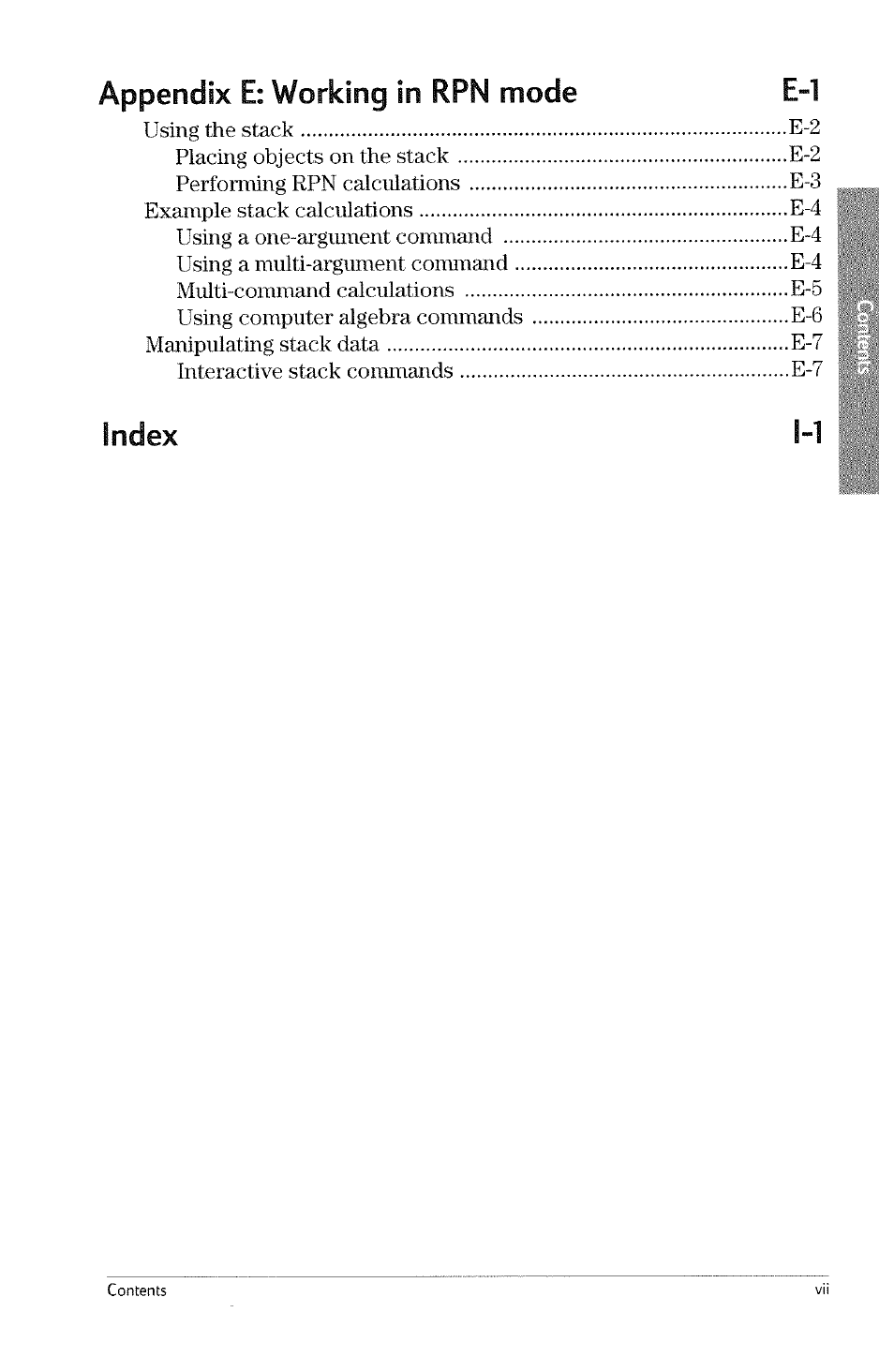 Appendix e: working in rpn mode e-1, Index | HP 49g Graphing Calculator User Manual | Page 11 / 242