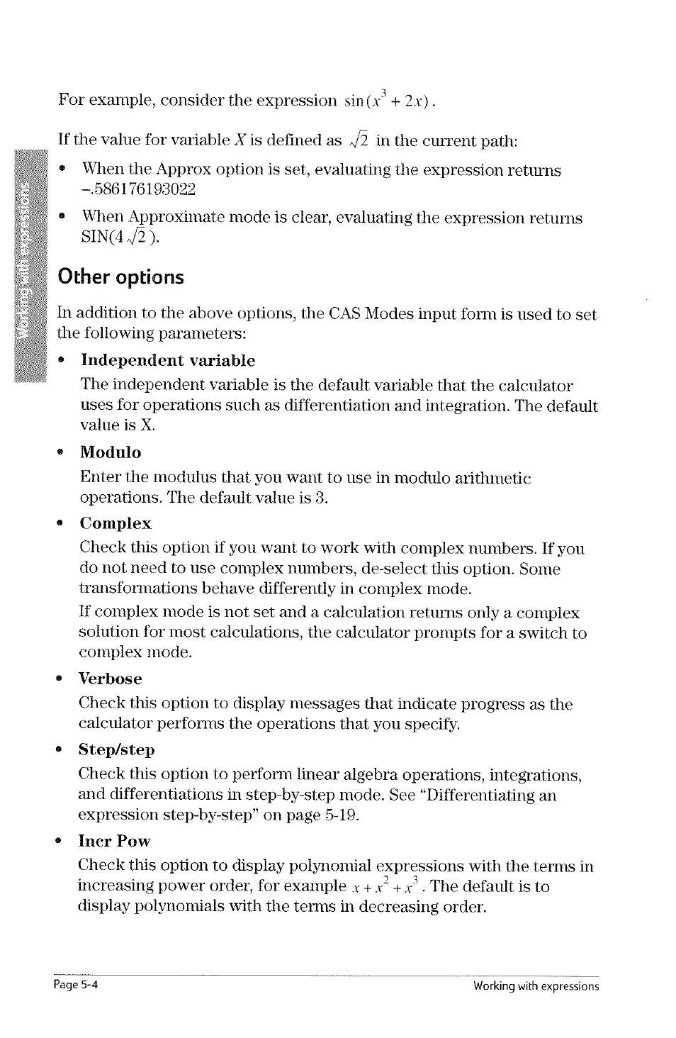 Other options, Other options -4, Independent variable | Modulo, Complex, Verbose, Step/step, Incr pow | HP 49g Graphing Calculator User Manual | Page 114 / 242