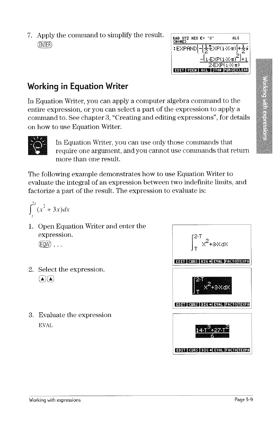 Working in equation writer, Working in equation writer -9, Eval | HP 49g Graphing Calculator User Manual | Page 119 / 242