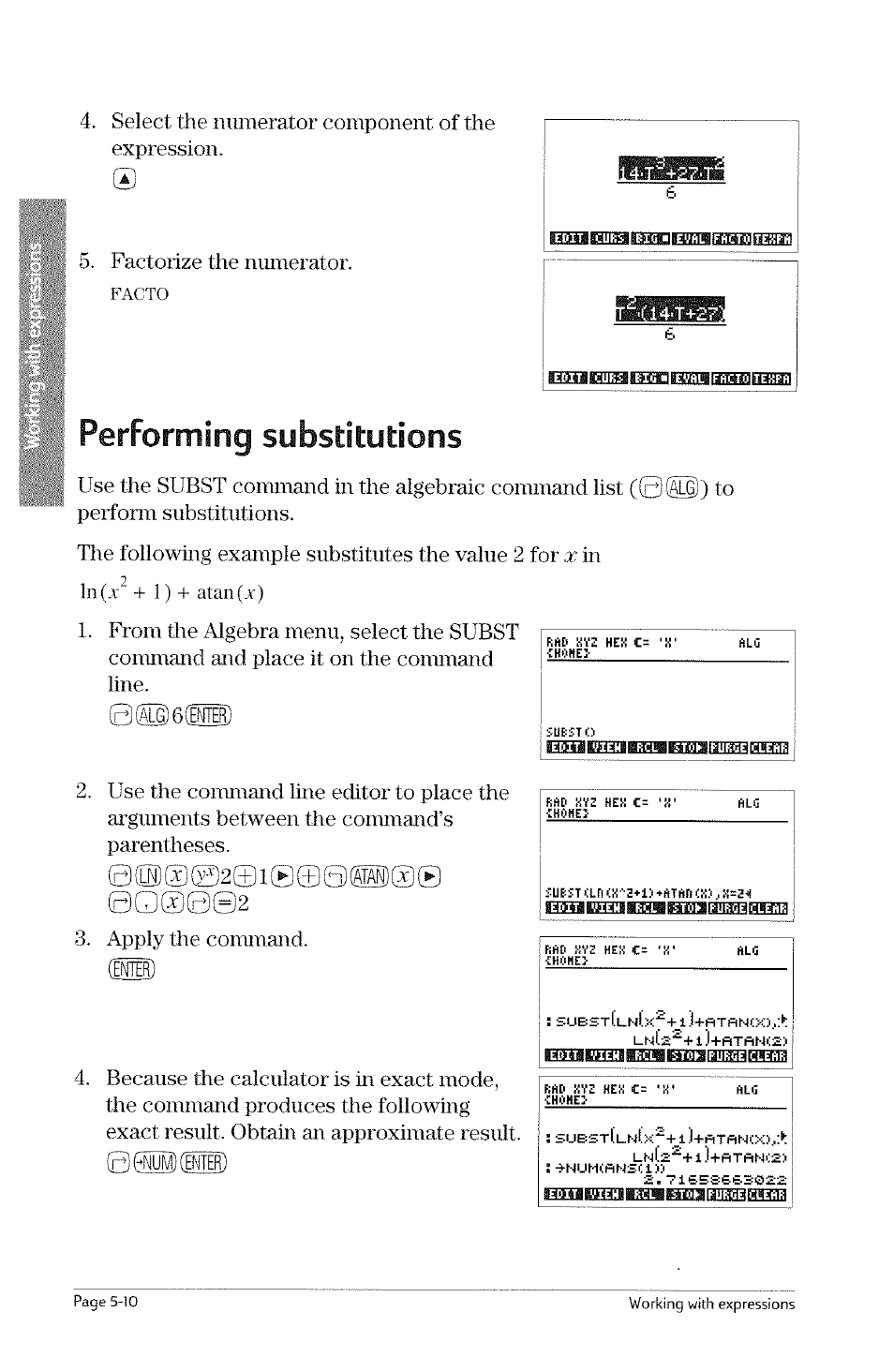 Performing substitutions, Performing substitutions -10, Substitutions | Performing, Facto, Ihohej, Lnta^+i)+rtrhi:a, Ehtihei, 1 .l+fitrn<x) | HP 49g Graphing Calculator User Manual | Page 120 / 242